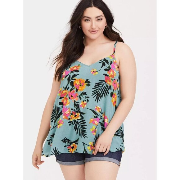 torrid Tops - Torrid Sophie Crinkle Gauze Swing Cami‎ Neon Palm Floral Sleeveless Size 00 (L)